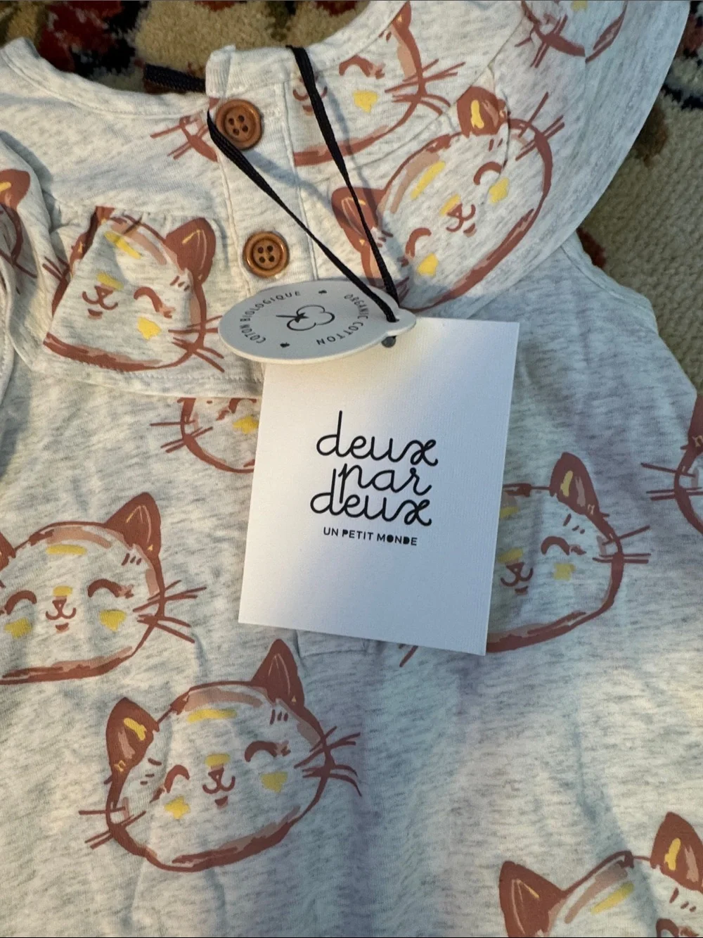 deux par deux Gray Romper with Pink and Yellow Cat Faces
